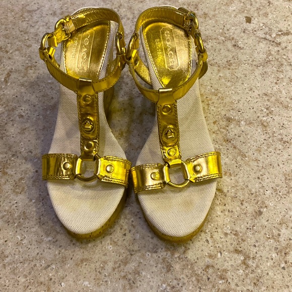 Coach Shoes - COACH Metallic Gold Mercy Wedge Leather Sandals Size 6.5